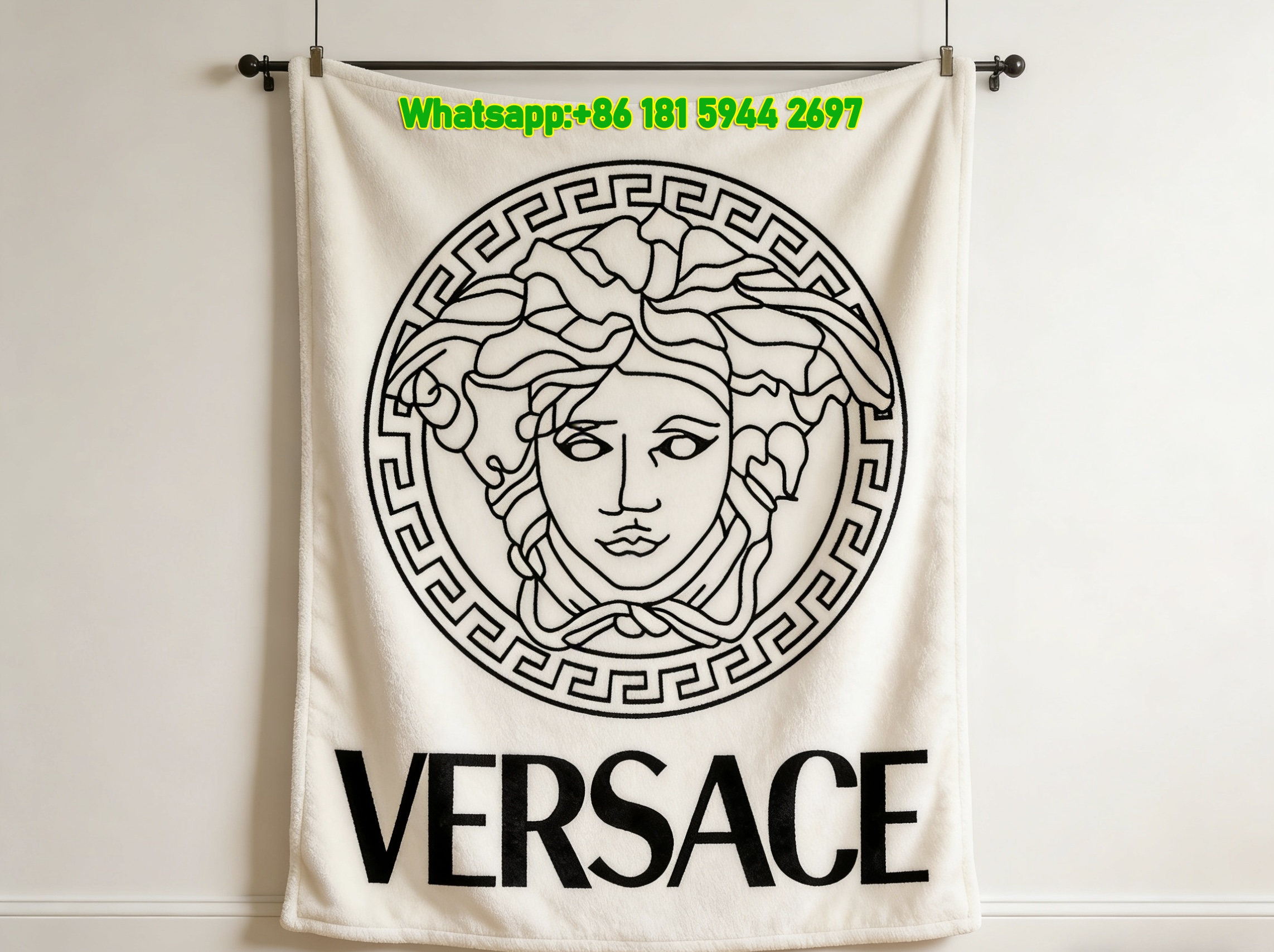Versace White Black Medusa Greek Key Logo Printed Flannel Throw Blanket IMG_1276